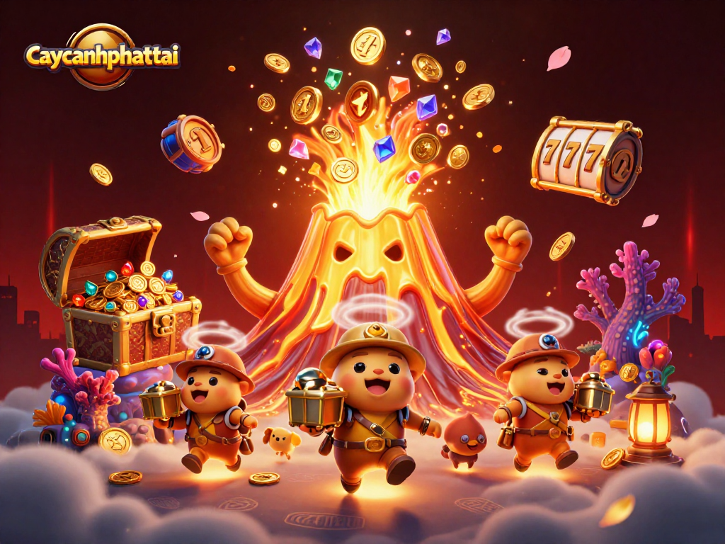 Caycanhphattai showcases a vibrant scene with a golden volcano and treasure-themed imagery for engaging gameplay.