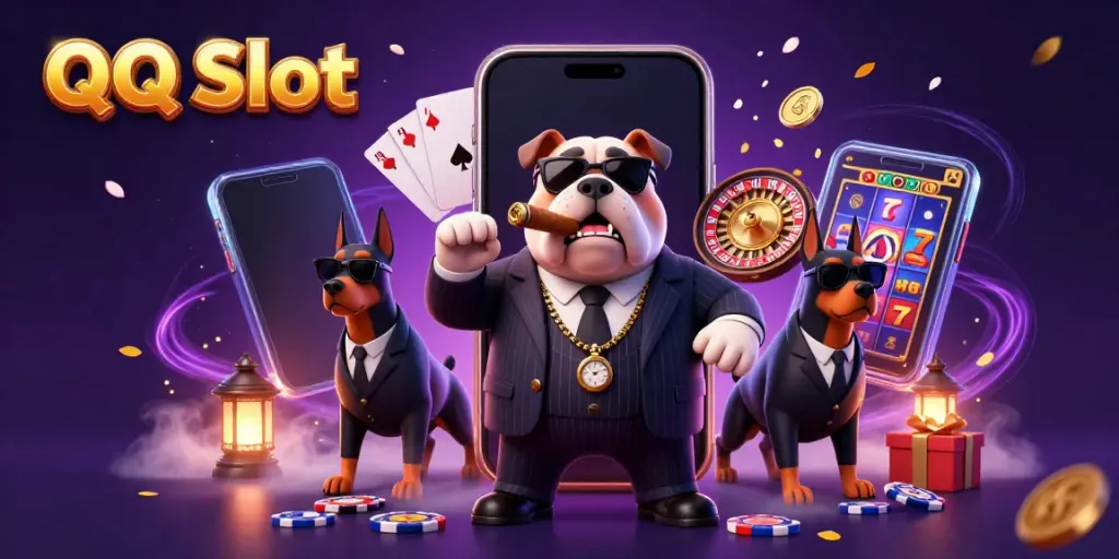 Spin the reels with QQ Slot, featuring a 3D mafia bulldog character and dynamic gaming elements.