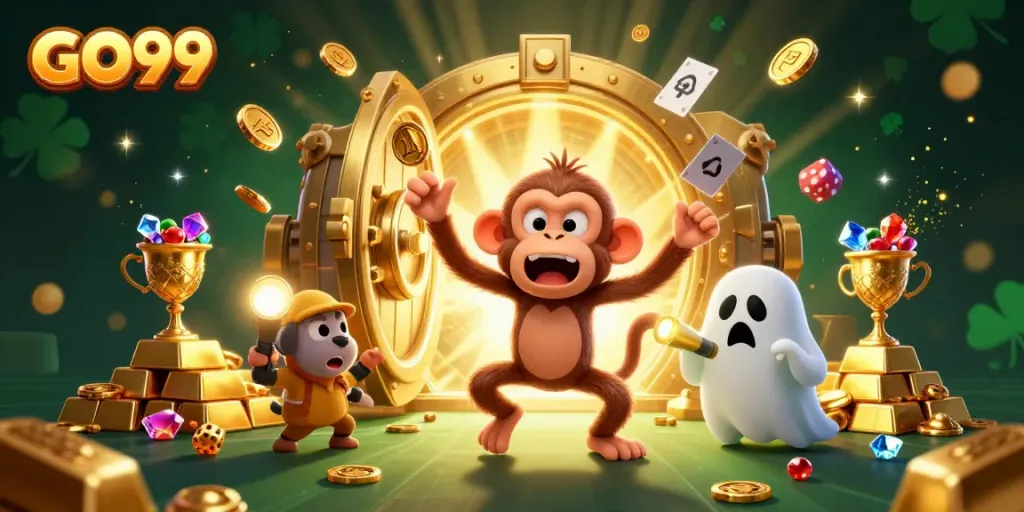 GO99 showcases an enchanting casino scene with a playful monkey and tracking puppy amidst golden treasures and gaming excitement.