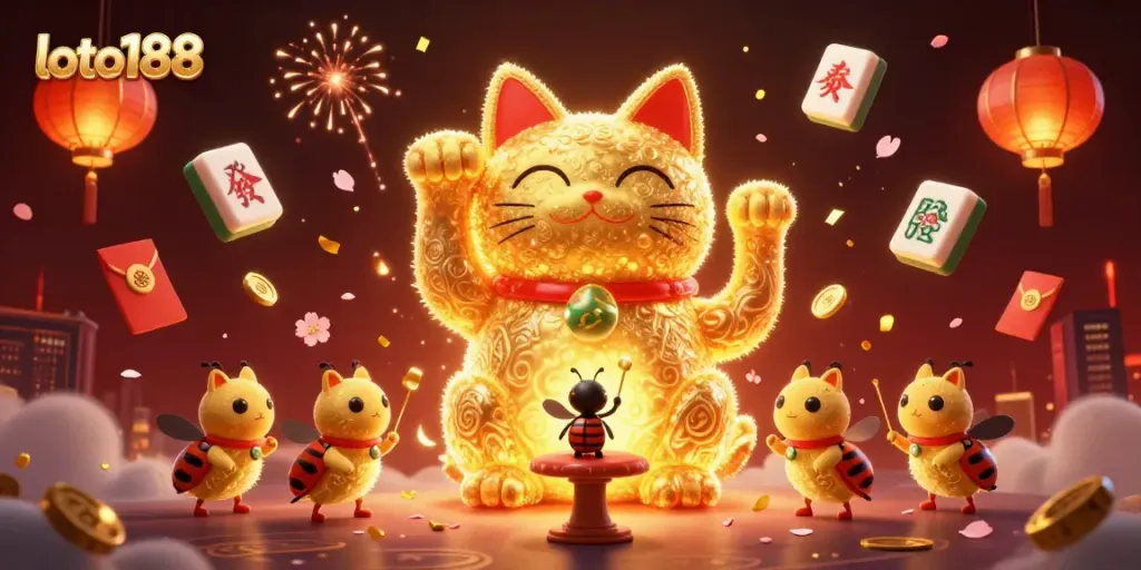 Experience the excitement of loto188 with a vibrant illustration of a lucky cat and casino symbols.