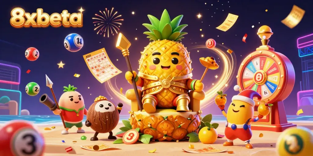 Experience vibrant gameplay with 8xbeta's 3D casino world, featuring a pineapple king and colorful lottery elements.