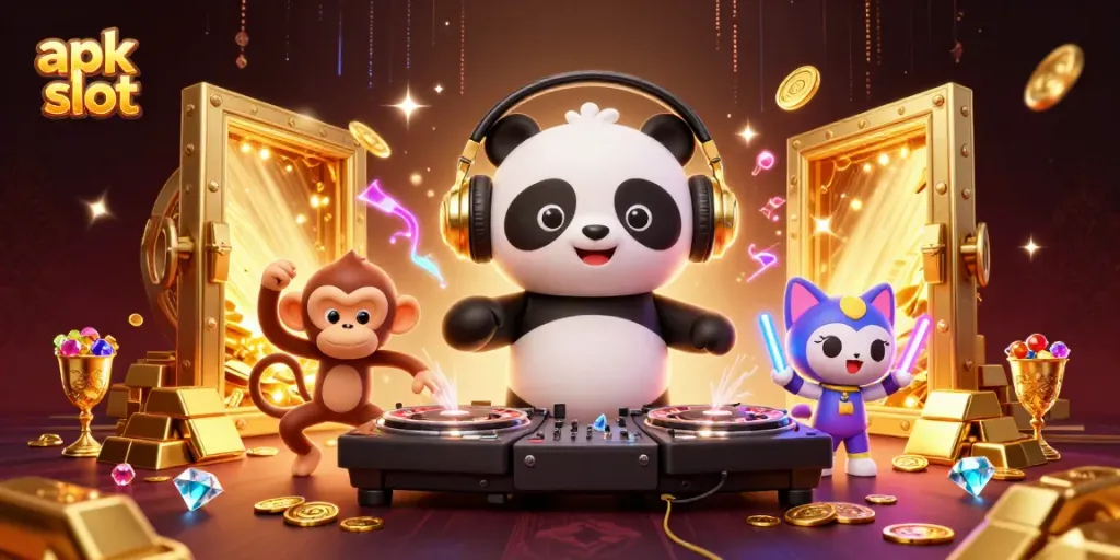 Spin and win with the apk slot as DJ panda entertains in a vibrant casino scene.
