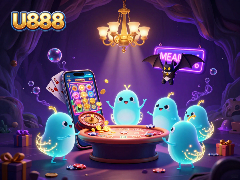 Experience the vibrant energy of U888 in a dynamic 3D casino scene with glowing glowworms and a bat dealer.