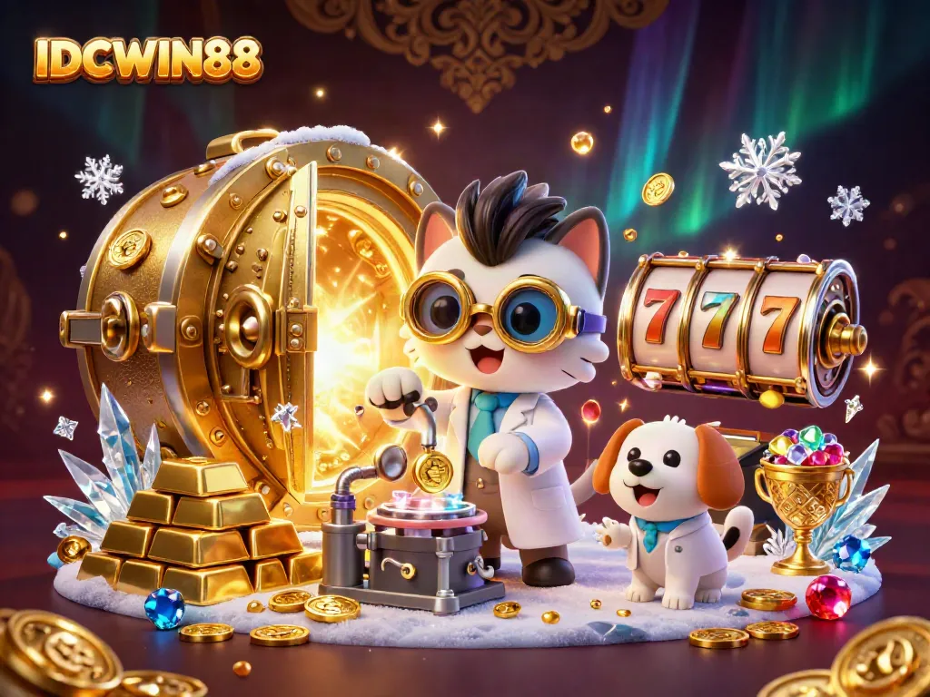 Spin and win at IDCWIN88 with a dynamic cartoon scene of characters celebrating big jackpots and casino excitement.