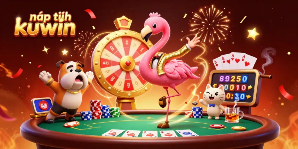 Experience nạp tiền kuwin with a vibrant casino scene featuring a game show host and prizes revealed.