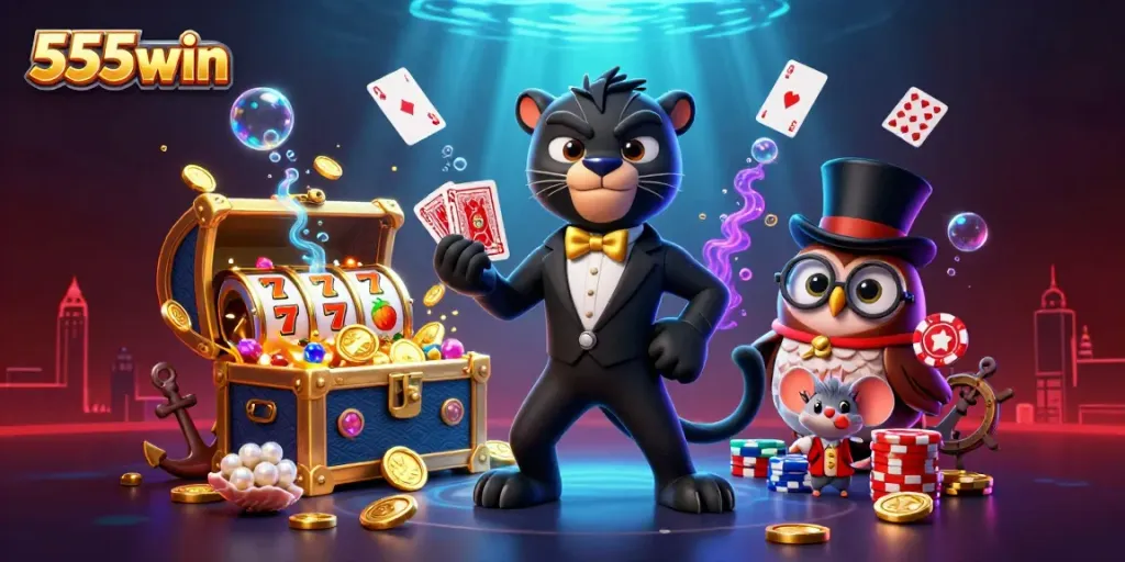 Engage with 555win in an exciting casino scene featuring a stylish panther dealer and friends.