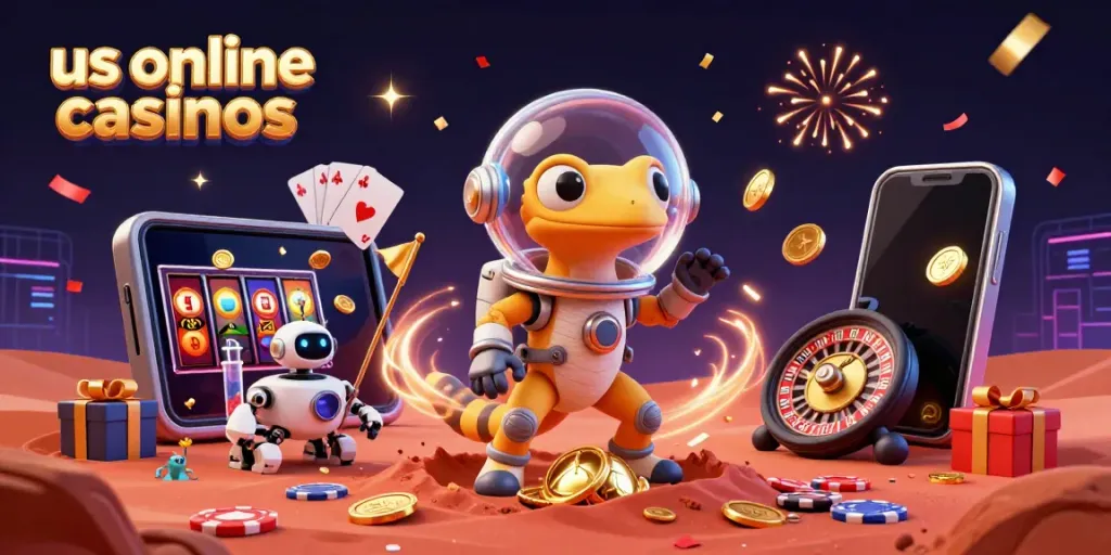 Engage with thrilling us online casinos through an adventurous Martian gecko discovering treasures.