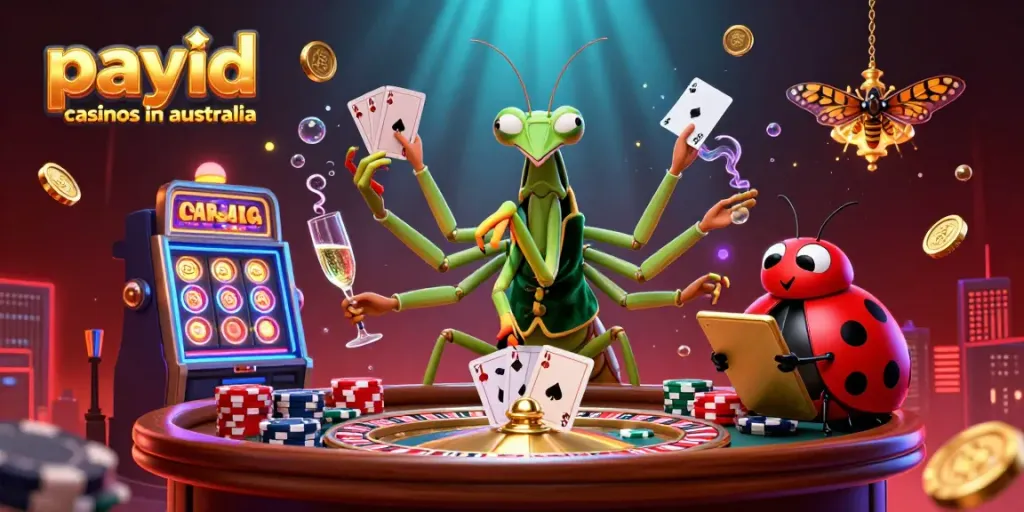 Engaging 3D scene illustrating characters in exciting payid casinos in australia amidst floating playing cards, roulette wheels, and dynamic elements.