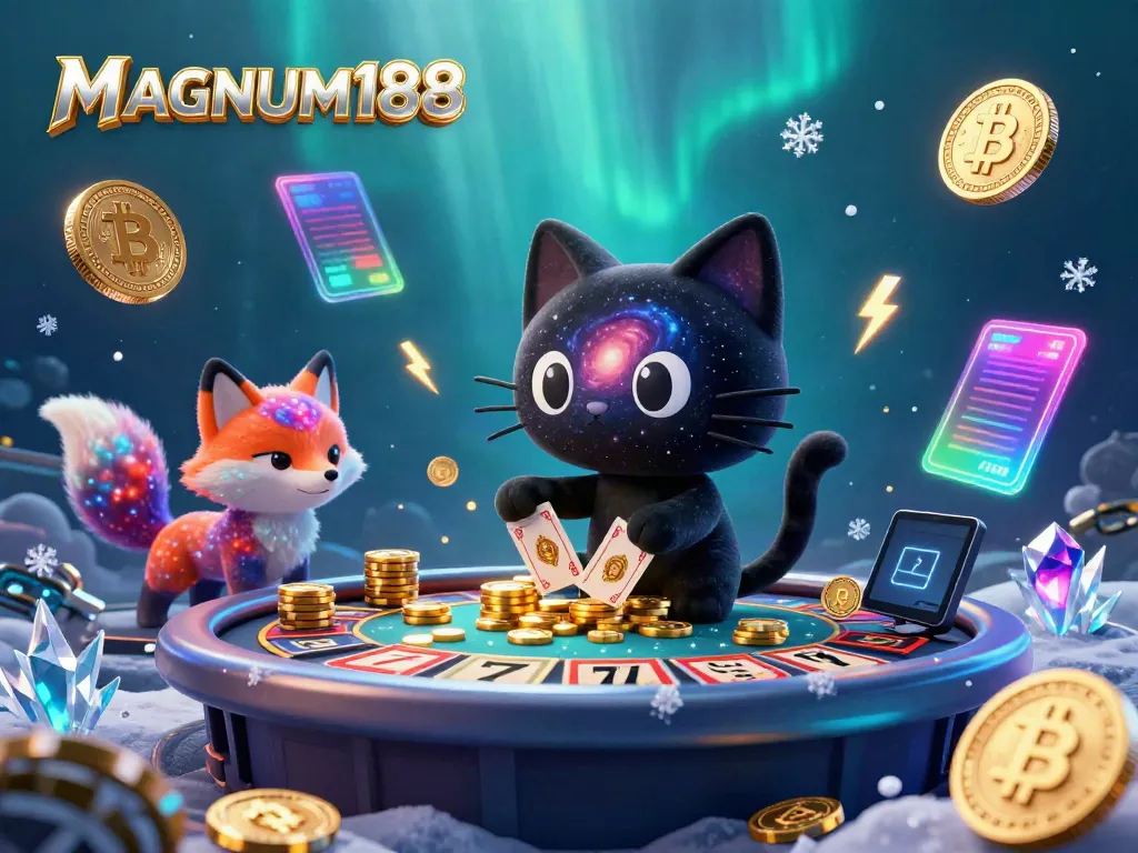 Experience the thrilling slots at MAGNUM188 featuring a cosmic cat pulling in golden chips amid vibrant digital elements.
