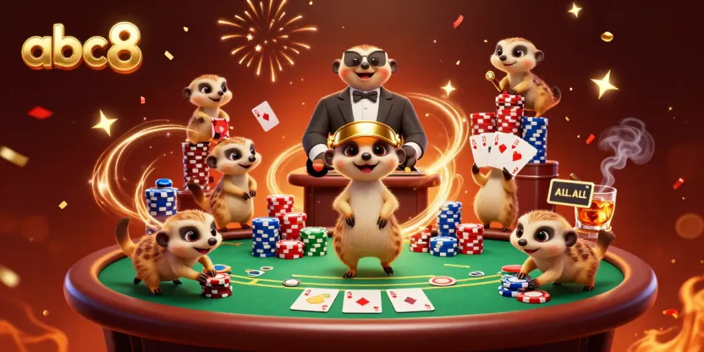Experience abc8 casino action with meerkats at a lively gaming table and vibrant atmosphere.