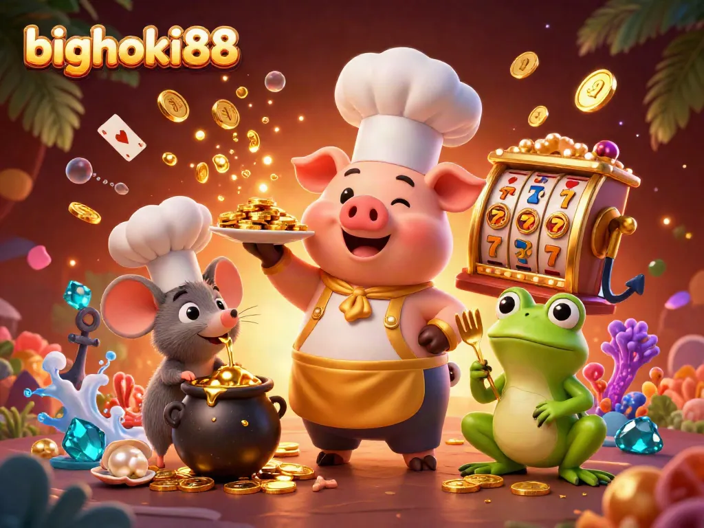 BIGHOKI88 menghadirkan chef babi kartun yang menyajikan koin emas di tengah gulungan slot dan jackpot yang bersinar.