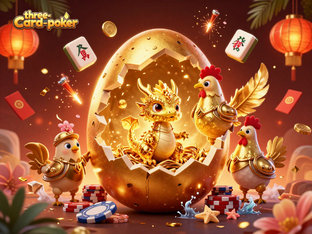Play three-card-poker with excitement as a golden dragon emerges from poker chips.