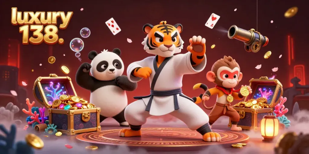 Action-packed scene with luxury 138 featuring a kung fu tiger, panda, and monkey in a vibrant casino.