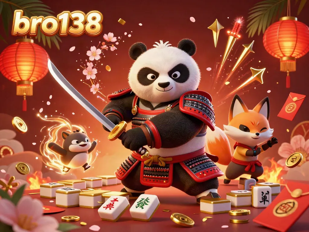 Engage in exciting online gaming action with bro138 featuring a fierce samurai panda and dynamic game elements.