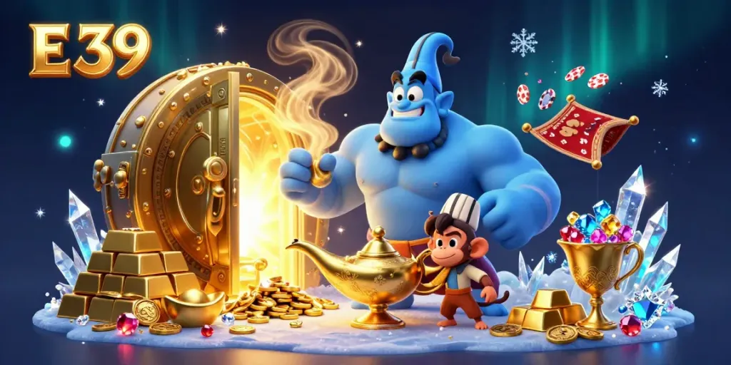Experience magical wins at E 39 with a vibrant casino scene featuring a genie, treasures, and poker chips.