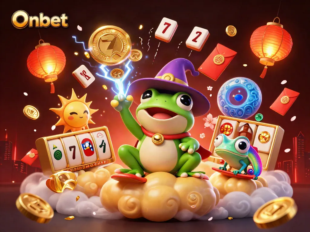 Onbet's thrilling gaming adventure featuring a wizard frog and a chameleon amidst golden coins and casino elements
