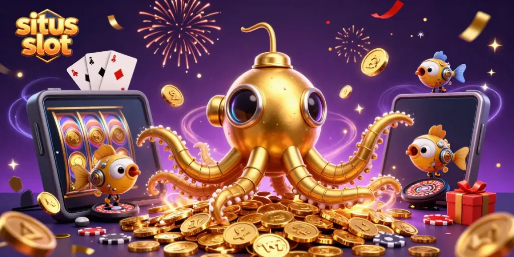 Visualisasikan situs slot dengan kraken emas dan permainan slot berwarna cerah, dikelilingi koin emas.
