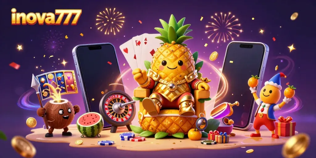 Experience the excitement of inova777 with a vibrant casino scene featuring a golden pineapple king, lively characters, and festive confetti.
