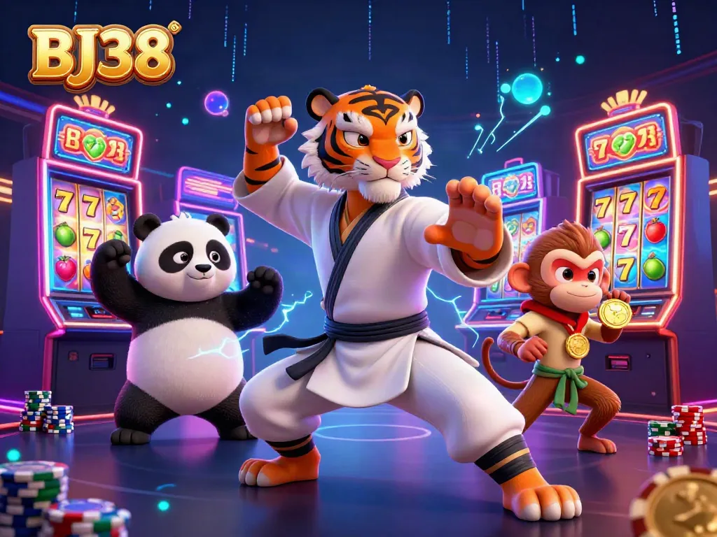 Win big at BJ38 featuring a masterful tiger, panda disciple, and monkey stealing gold in a vibrant casino.