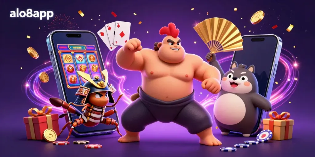 Experience thrilling gaming at alo8app with illustrated characters and exciting casino elements.