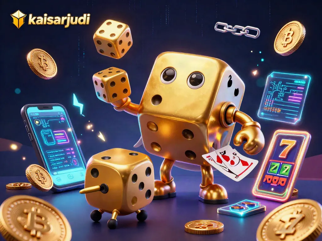 Kaisarjudi showcases a dynamic casino scene with a lively golden dice golem, thrilling gameplay elements, and crypto symbols.