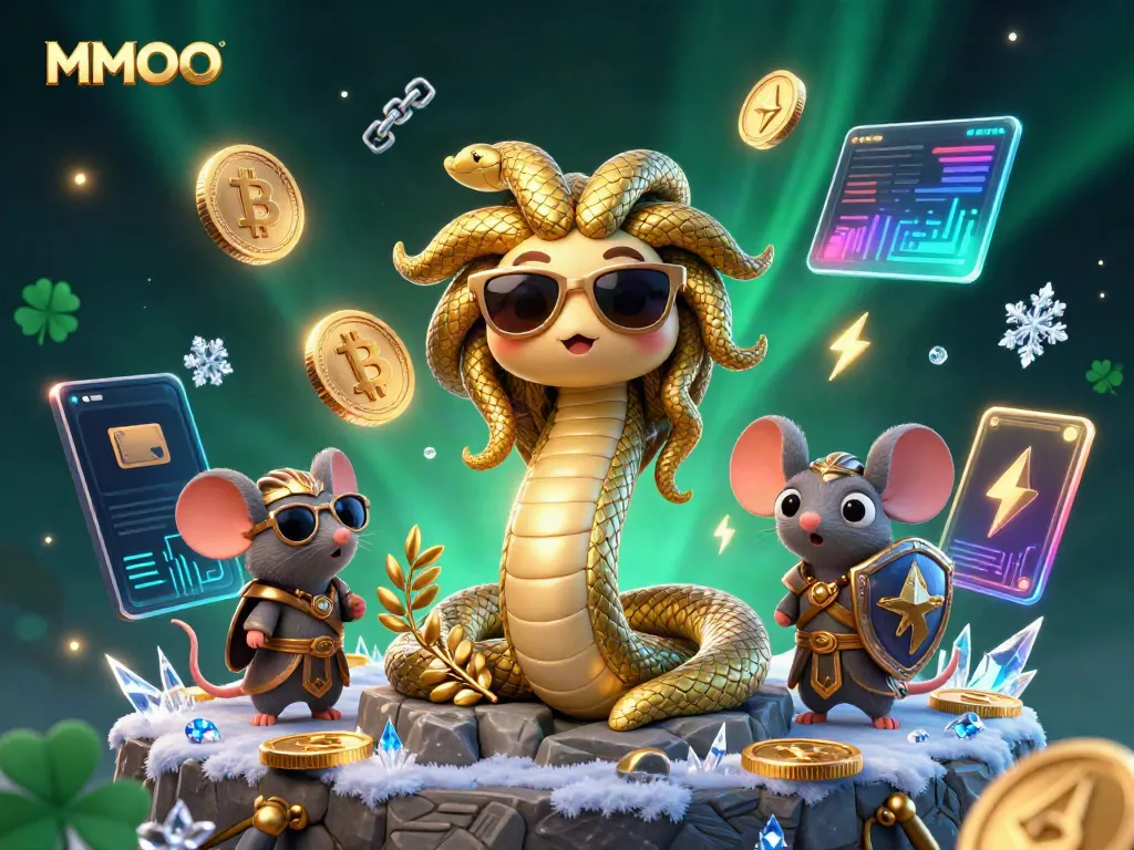 Engaging MMOO casino scene featuring Medusa and a mouse character amidst glowing cryptocurrency elements.