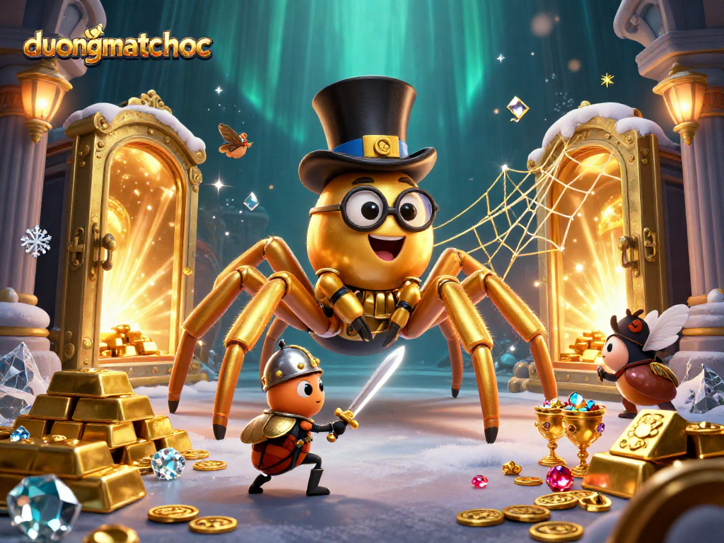 Experience duongmatchuoc with an exciting scene featuring a golden tarantula weaving treasures in a vibrant casino setting.