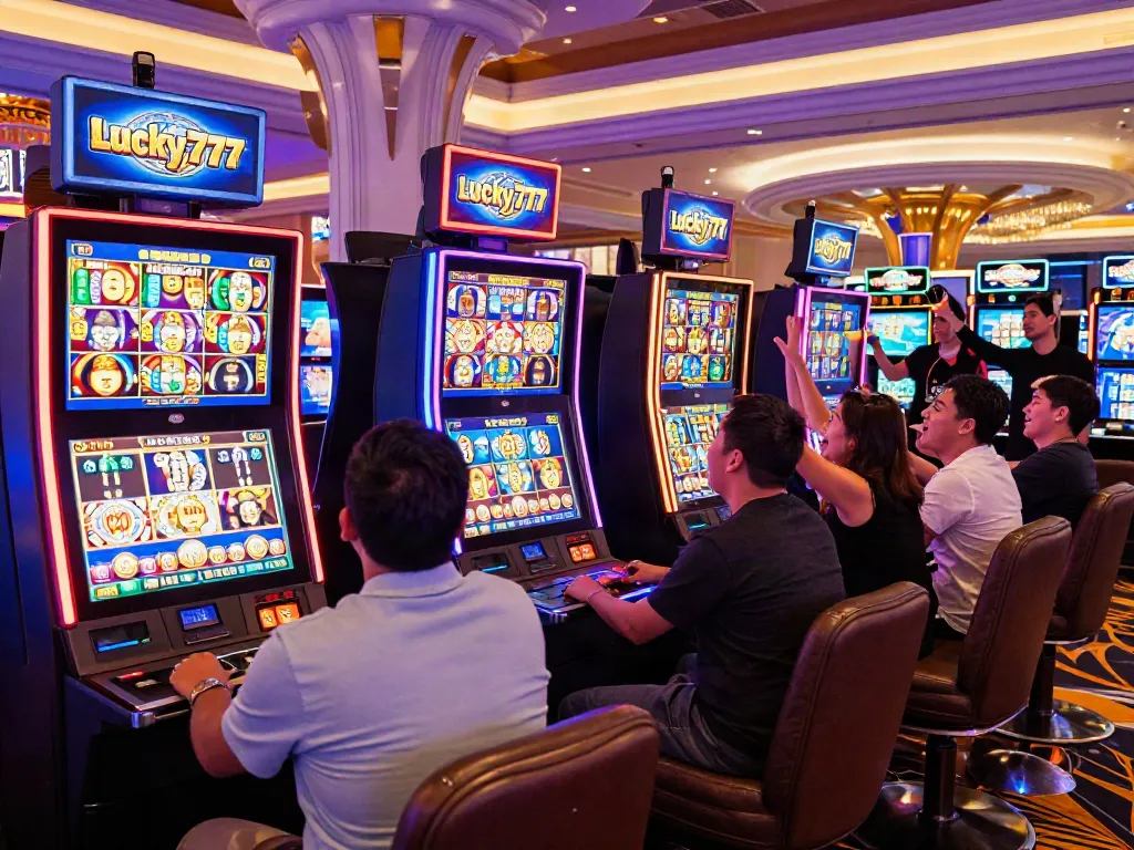 Lucky777 gaming excitement with players celebrating wins in a vibrant casino atmosphere