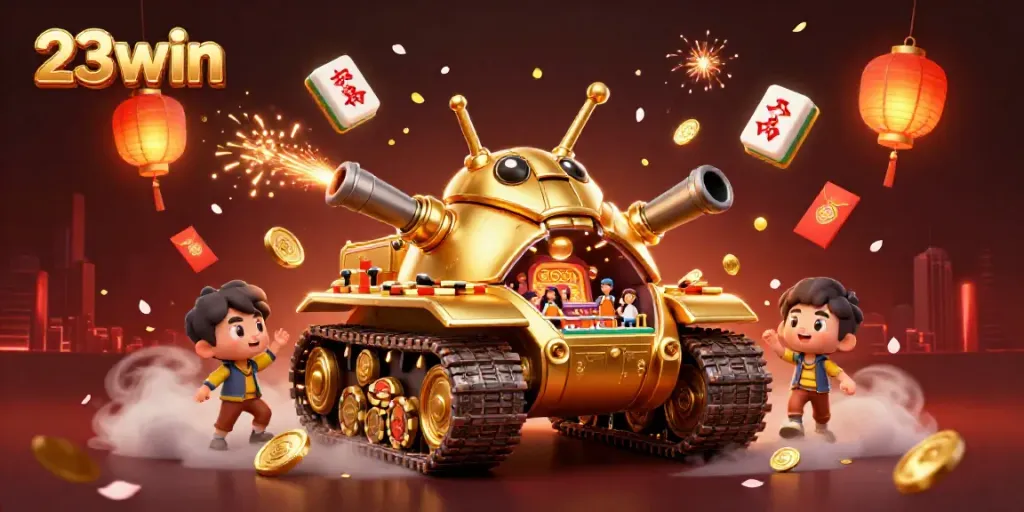 Engage in thrilling gameplay at 23win with a 3D golden beetle tank casino illustration.