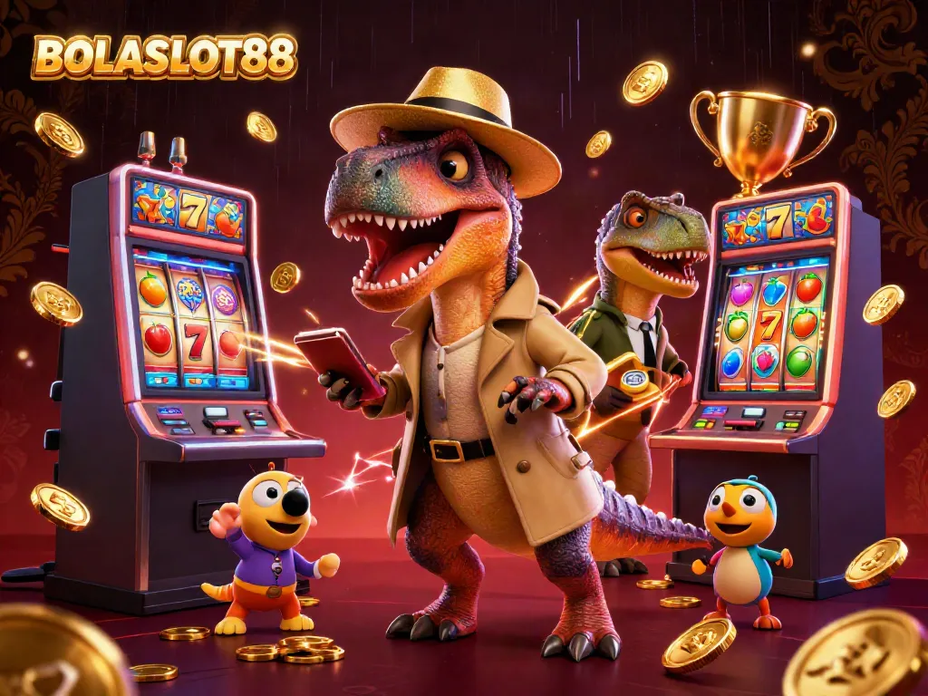 Engage with BOLASLOT88 through a dynamic slot machine illustration featuring colorful characters and rich casino elements.