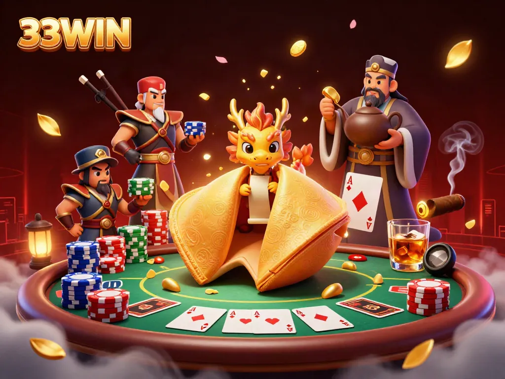 33WIN casino scene with a golden fortune cookie, wise dragon, and poker elements.