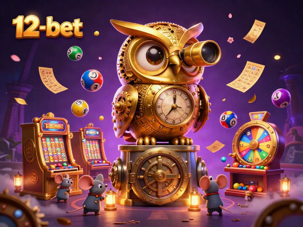 Engage with 12-bet casino excitement featuring a golden owl amidst vibrant gaming elements and dynamic lottery actions.