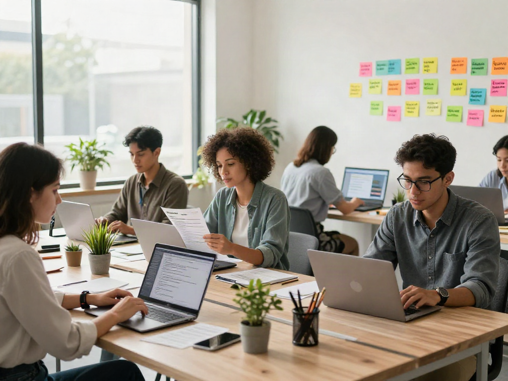 A collaborative coworking space where job seekers search and apply for jobs, focused on หางาน opportunities.