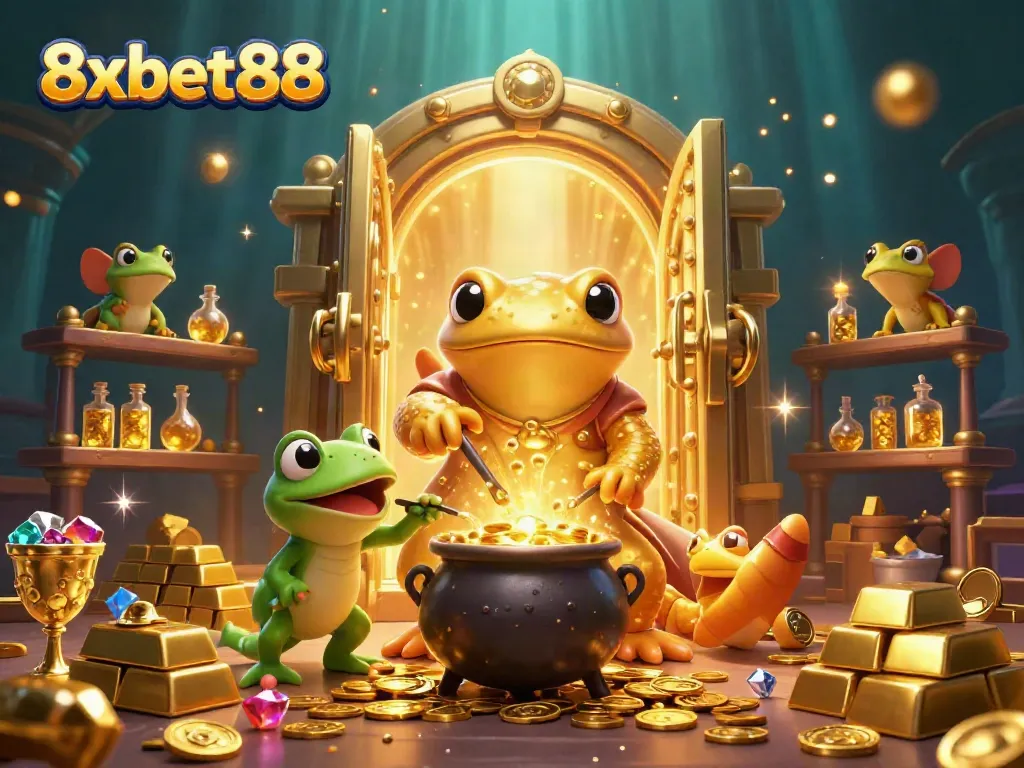 Bet and win big with 8xbet88 in a magical scene of gold coins, spells, and alchemy.