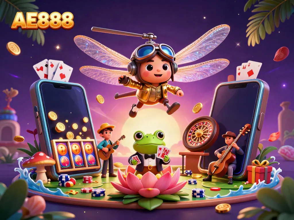Experience exciting gaming action with AE888 at a vibrant lily pad casino featuring unique characters.