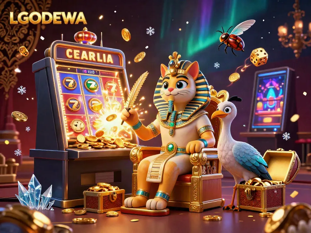 Experience the vibrant gaming world of LGODEWA with a pharaoh cat and treasures in action.