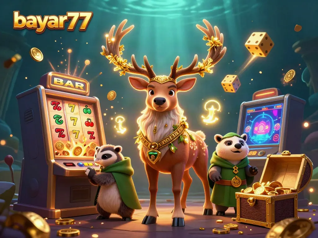 Experience thrilling games with bayar77 as characters celebrate jackpot wins in a dazzling casino world.
