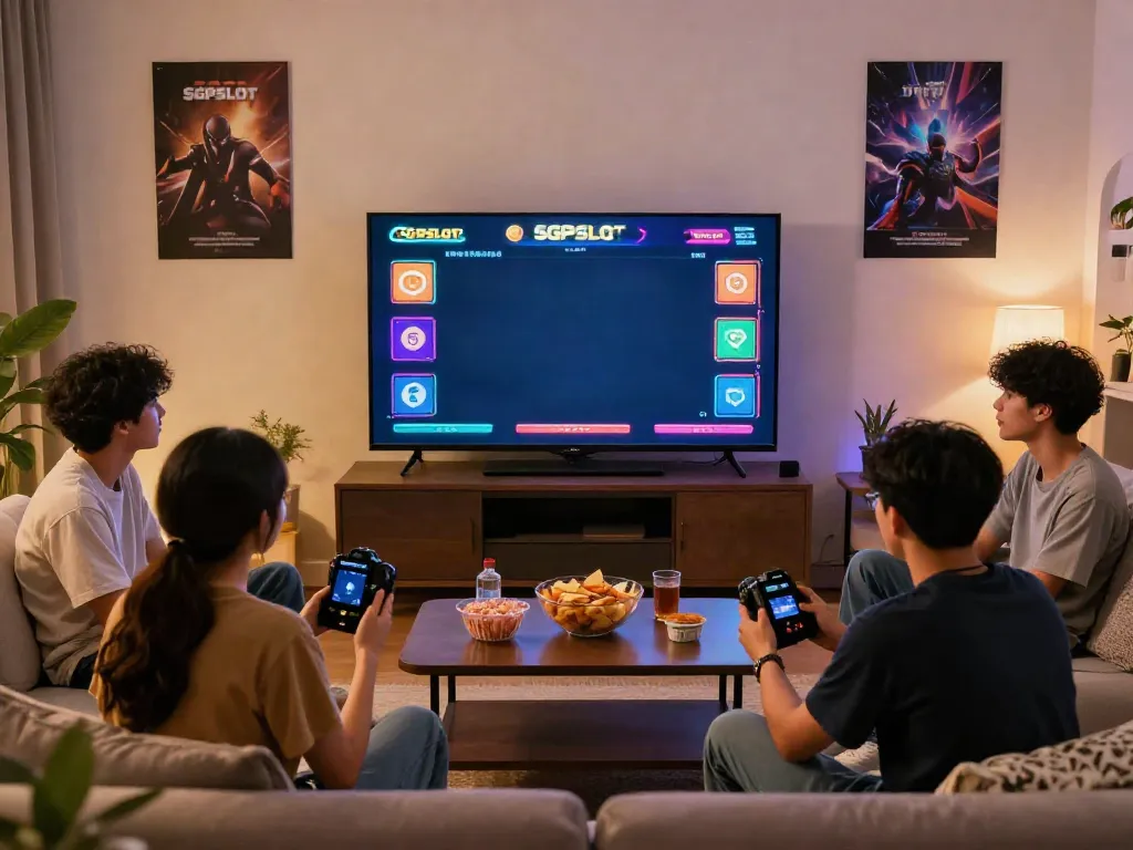 Friends enjoying an exciting sgp slot game night in a cozy living room.