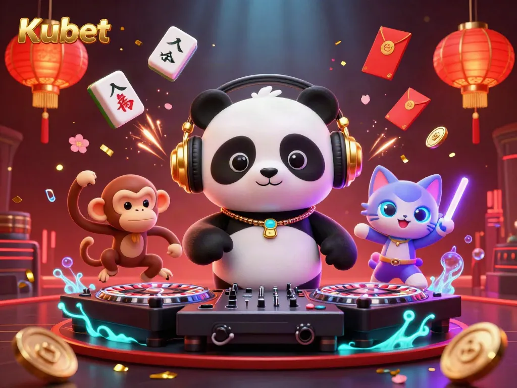 Kubet showcases vibrant 3D illustration of a DJ panda and lively characters in a dazzling casino-themed scene.