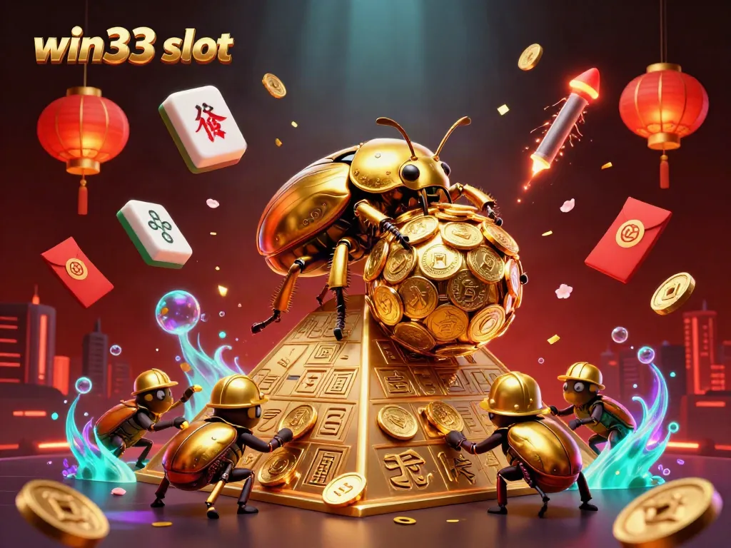 Win33 slot features a cartoon beetle with golden coins depicted in an engaging casino scene.