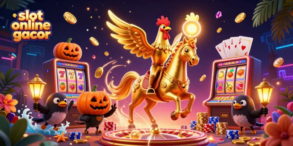 Spin for fortune with slot online gacor as golden rooster rides through a vibrant casino.