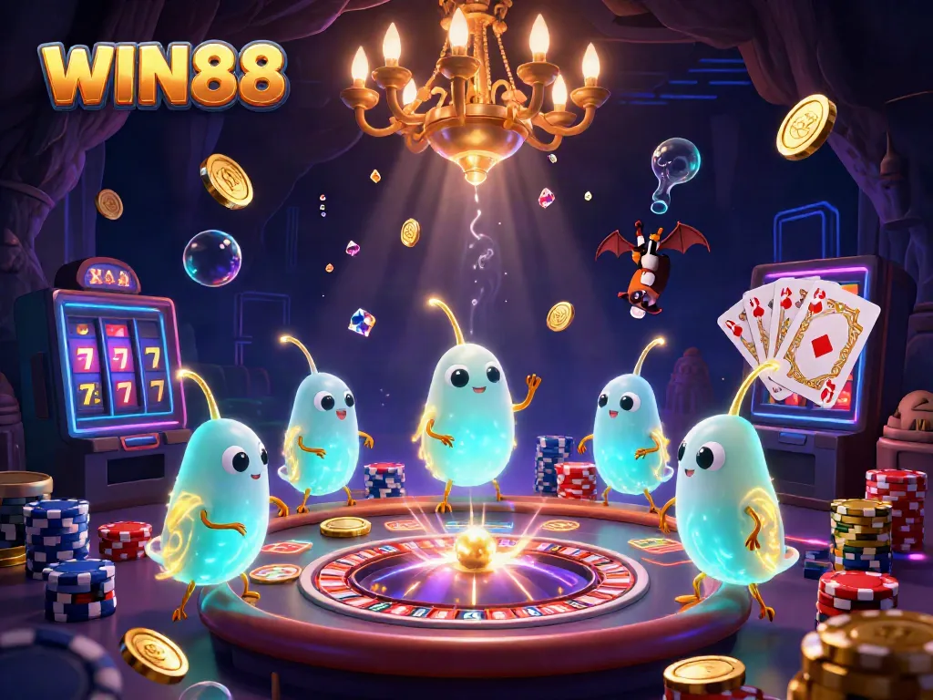 WIN88 glowworms light up a vibrant cave casino scene with sparkling gems and rich game elements.