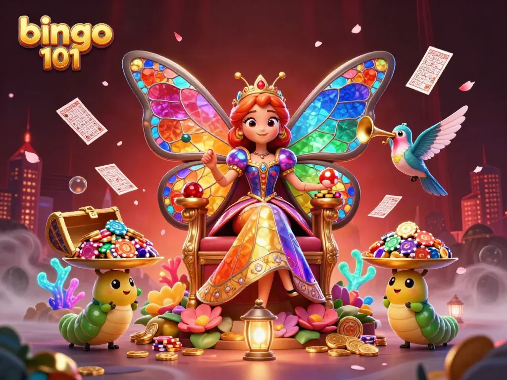 Mengalami keseruan bermain Bingo 101 dengan ilustrasi ratu kupu-kupu dan kartu bingo yang berkilauan di semua warna.