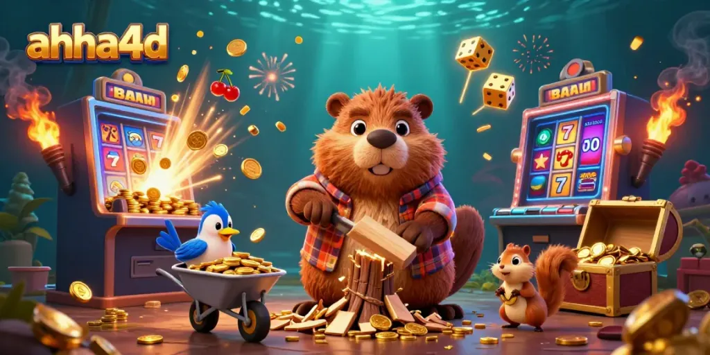 Experience thrilling wins with AHHA4D as a playful beaver collects golden coins in this vibrant casino scene.