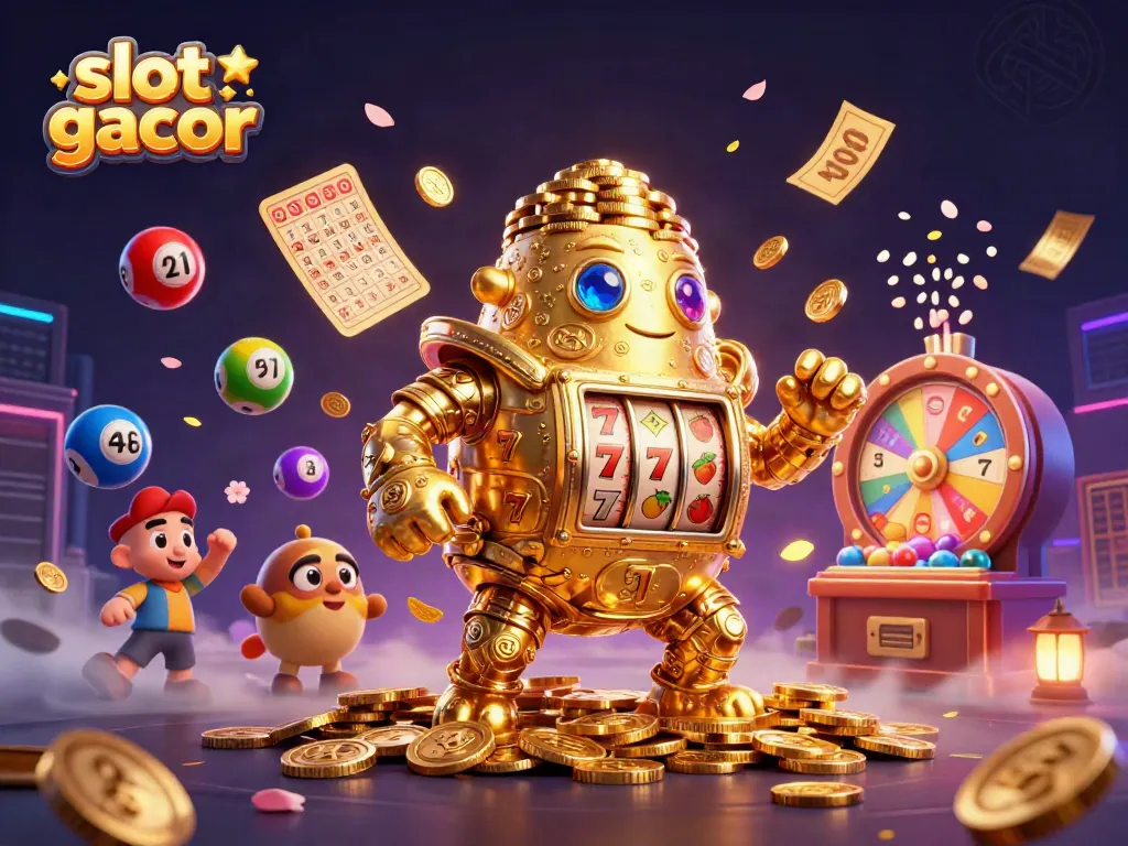 Experience slot gacor with vibrant slot reels, golden golem, and dynamic lottery elements in thrilling casino scene.
