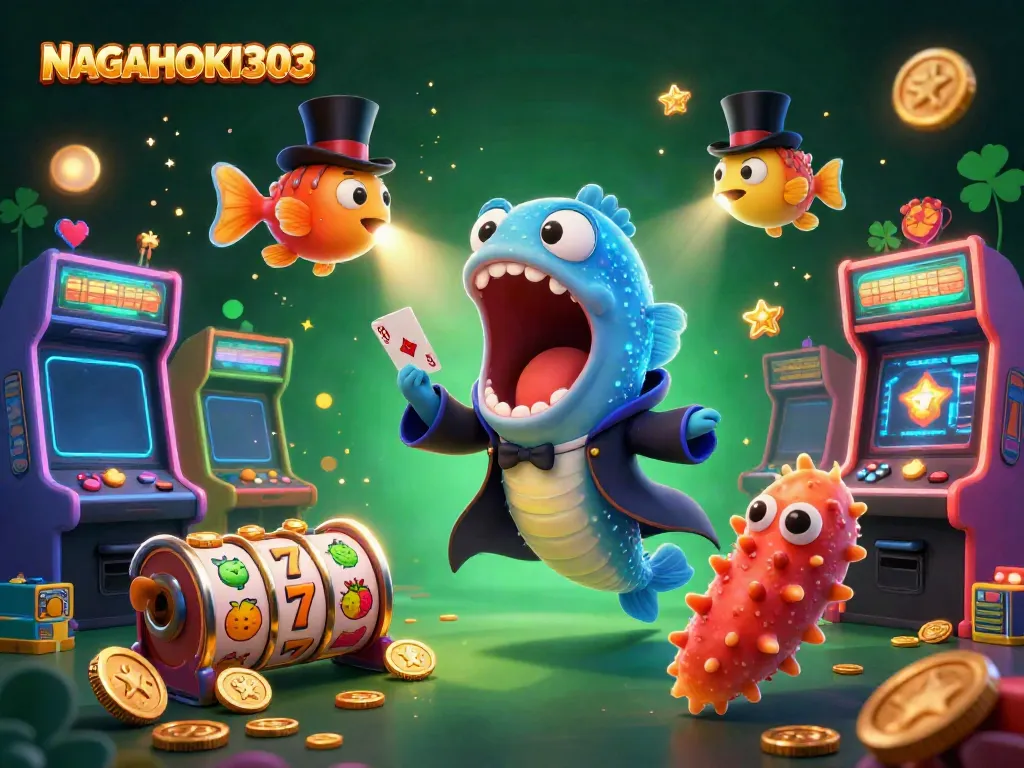 Menggoda pemain dengan NAGAHOKI303 dalam ilustrasi 3D kasino yang menampilkan karakter unik dan elemen permainan.