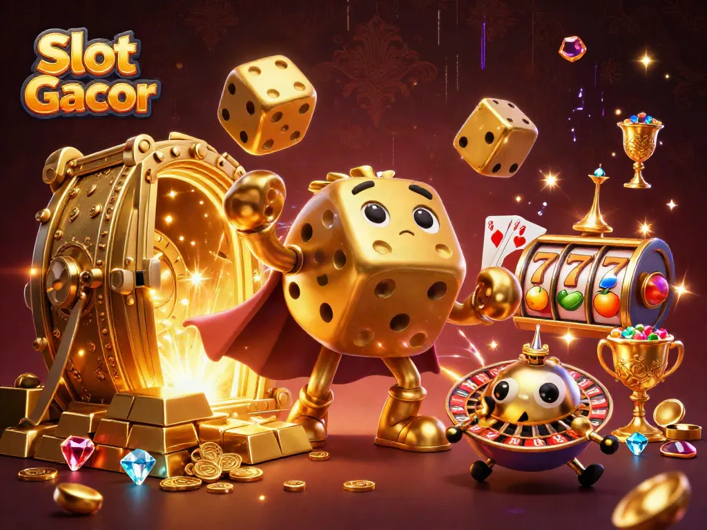 Engage in vibrant gameplay with Slot Gacor showcasing golden dice and dynamic slot reels amidst treasure.