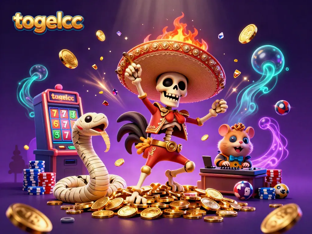 Experience thrilling fun at togelcc with a vibrant 3D scene of a mariachi rooster and casino games.