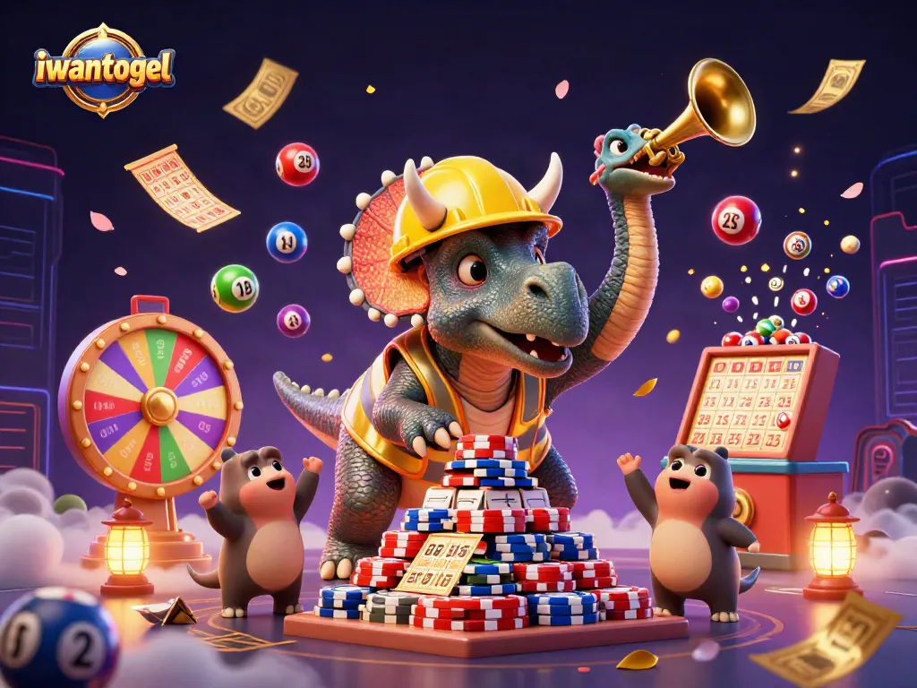 Kemeriahan iwantogel dengan karakter dino dan elemen lotere dalam ilustrasi 3D menarik.