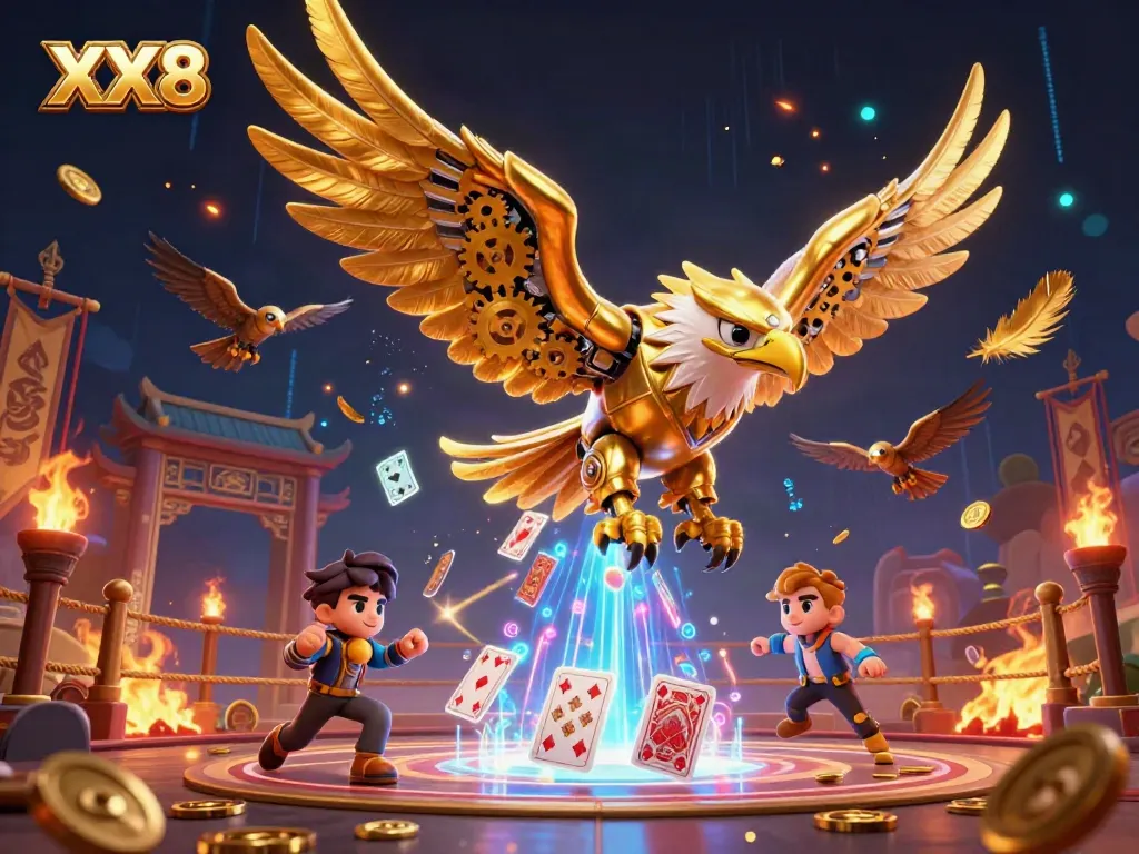Experience the vibrant energy of XX8 with a majestic golden eagle soaring through a dynamic casino-themed scene.